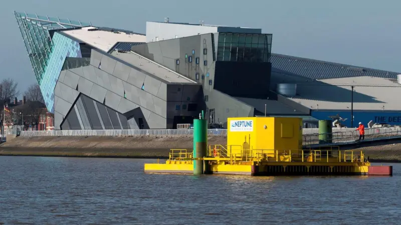 The Neptune Proteus, located in the Humber estuary, 60m from shore, is pictured with The Deep in the background. Photo: Sean Spencer, Hull News and Pictures