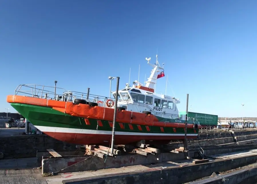 MHPA’s pilot boat Picton, which was built by Mustang Marine, on the slipway at Pembroke Port.