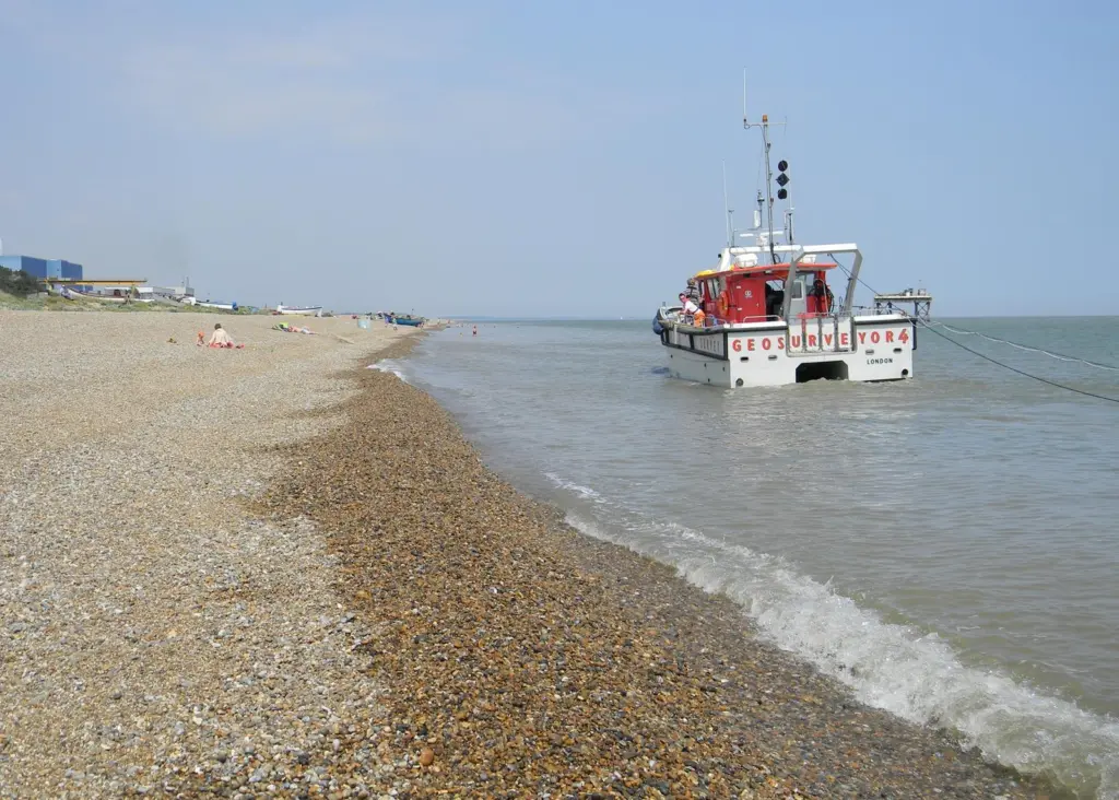 The vessel Geosurveyor 4 is seen off Sizewell Beach in Suffolk UK supporting the survey of an export cable from the Greater Gabbard Offshore Wind Farm.