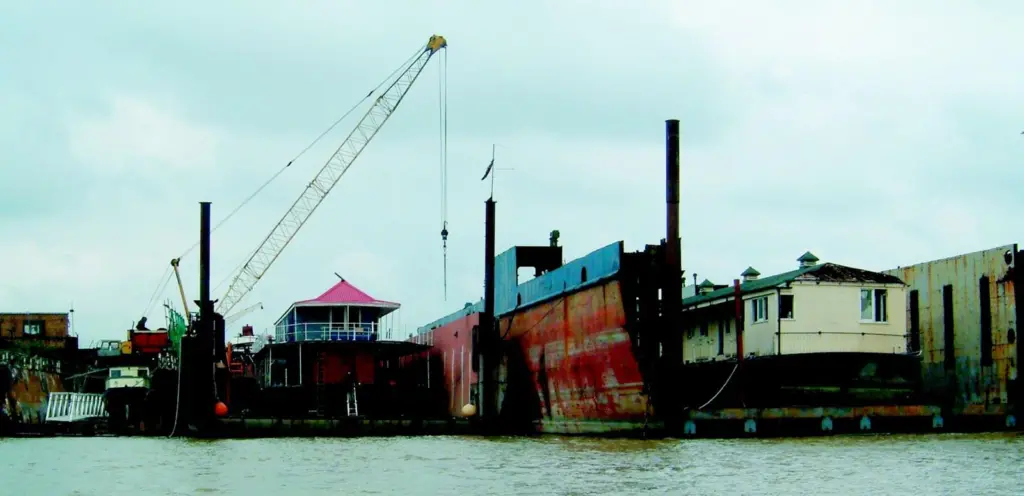 Thames Crafts three dry docks are currently busy with, from left to right, The Westwood, The Harpy, and Waterloo Pier.