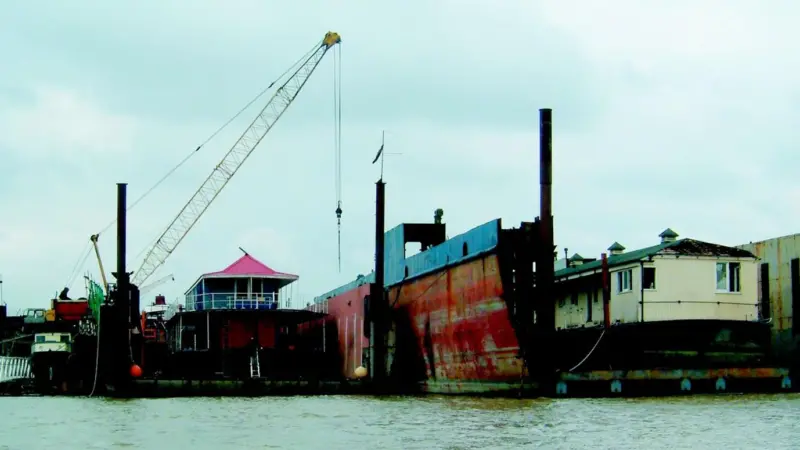 Thames Crafts three dry docks are currently busy with, from left to right, The Westwood, The Harpy, and Waterloo Pier.