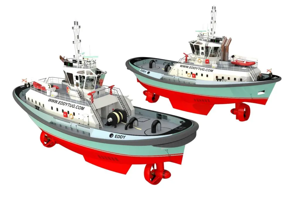The EDDY concept is for a true double ended shiphandling tug with a fully steerable propulsion unit at each end.