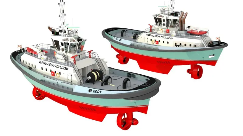 The EDDY concept is for a true double ended shiphandling tug with a fully steerable propulsion unit at each end.