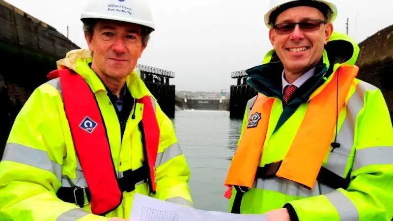 Derek Fenn, chief engineer at Atkins (right) with Andrew Brown, engineering director for Milford Haven Port Authority at Milford Dock Lock. Photo: Pembrokeshire Photography