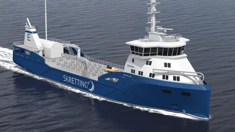 The vessel will carry pelletised fish feed in bulk to fish farms along the Norwegian coastline.