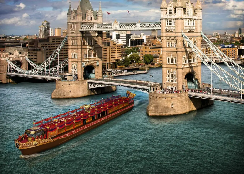 An artist’s impression of the Royal Barge passing under Tower Bridge.
