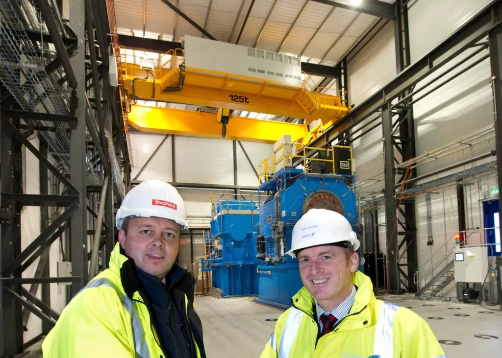 Andrew Constantine, commercial director for Shepherd Construction, with Tony Quinn, director of major assets and projects at Narec in the newly completed building that will test tidal turbines