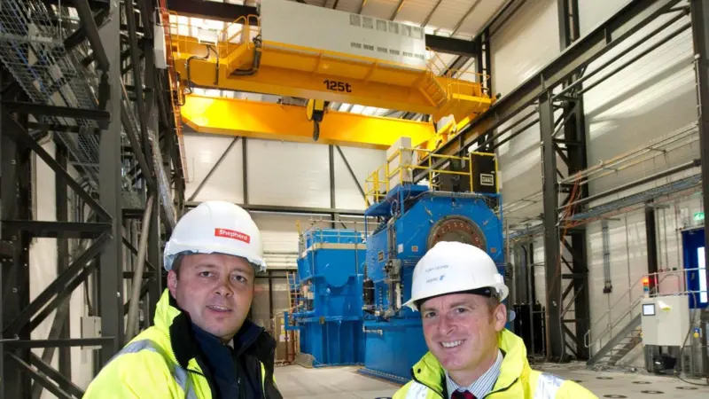 Andrew Constantine, commercial director for Shepherd Construction, with Tony Quinn, director of major assets and projects at Narec in the newly completed building that will test tidal turbines