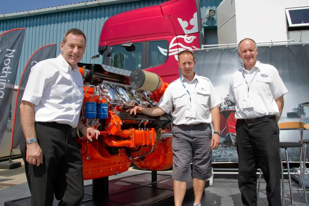 Left to right: Ray Johnson, general sales manager of Scania Engines; Lee Rayment, managing director of Solent & Wightline Cruises; and Mark Rayment, director of Solent & Wightline Cruises