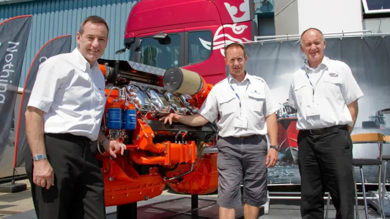 Left to right: Ray Johnson, general sales manager of Scania Engines; Lee Rayment, managing director of Solent & Wightline Cruises; and Mark Rayment, director of Solent & Wightline Cruises