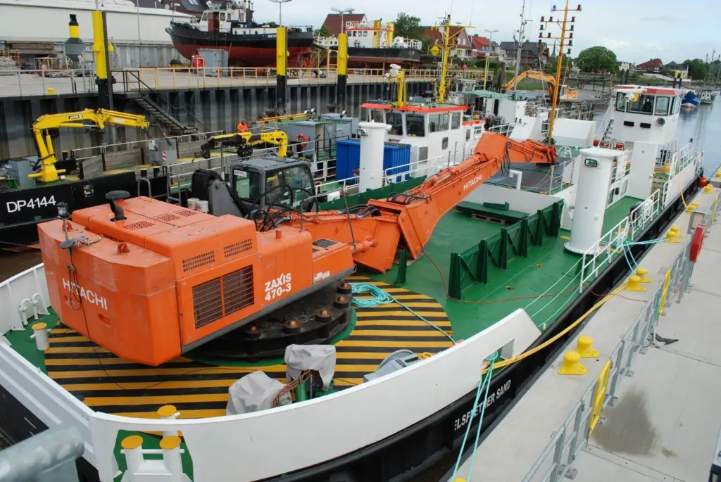 The Danish-built Elflether Sand being equipped at workshops in Brake before entering service