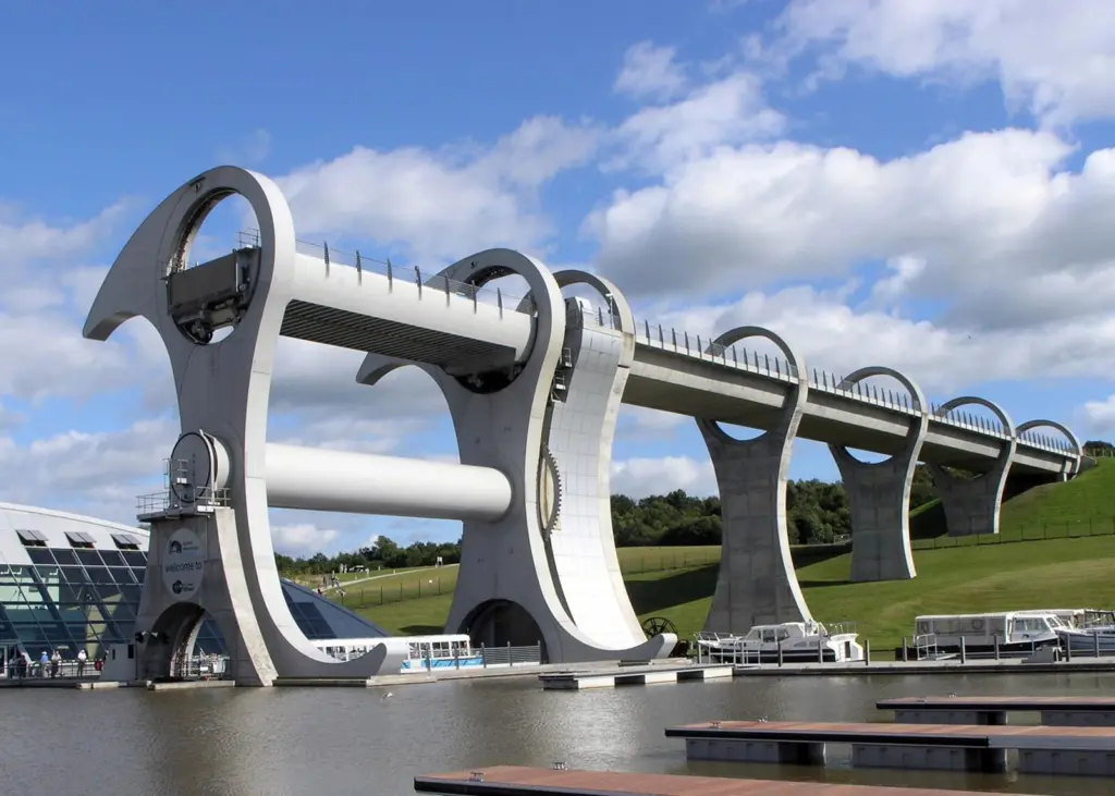 The Falkirk Wheel rotating boat lift connects the Forth and Clyde Canal with the Union Canal
