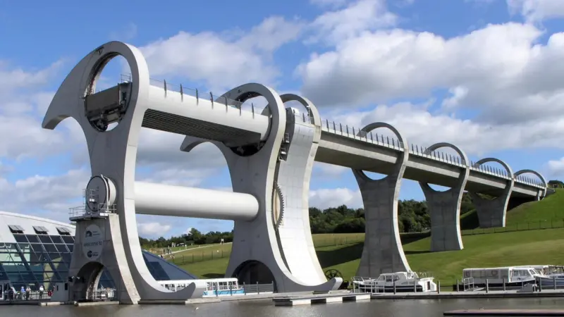 The Falkirk Wheel rotating boat lift connects the Forth and Clyde Canal with the Union Canal