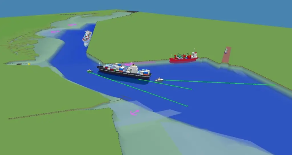 A cargo ship is given a tug escort out of the Port of Southampton as seen in C-Vu 3D VTS