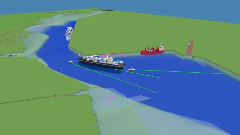 A cargo ship is given a tug escort out of the Port of Southampton as seen in C-Vu 3D VTS