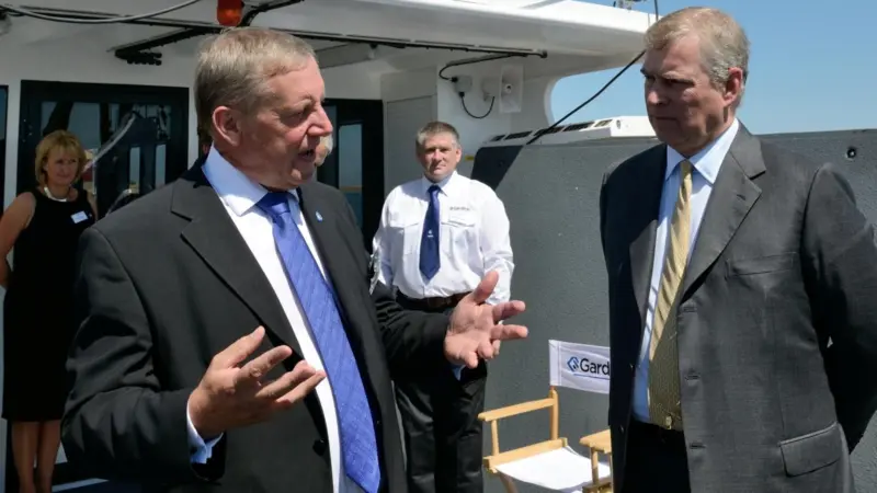 John Morse, Gardline,  with HRH Prince Andrew, onboard Alicat Catamaran 'Gardian 10'