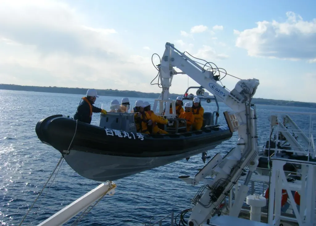 Japanese Fisheries patrol vessels being launched using the all-weather Caley davit