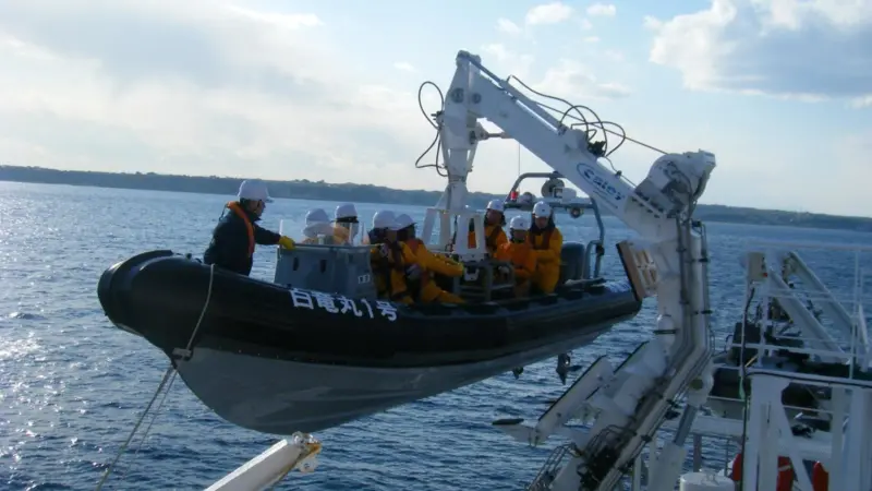 Japanese Fisheries patrol vessels being launched using the all-weather Caley davit