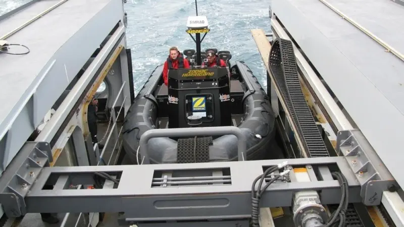 The Zodiac Hurricane  ZH935 Mach 2 RIB is deployed from a unique launching ramp in the L'Adroit’s stern