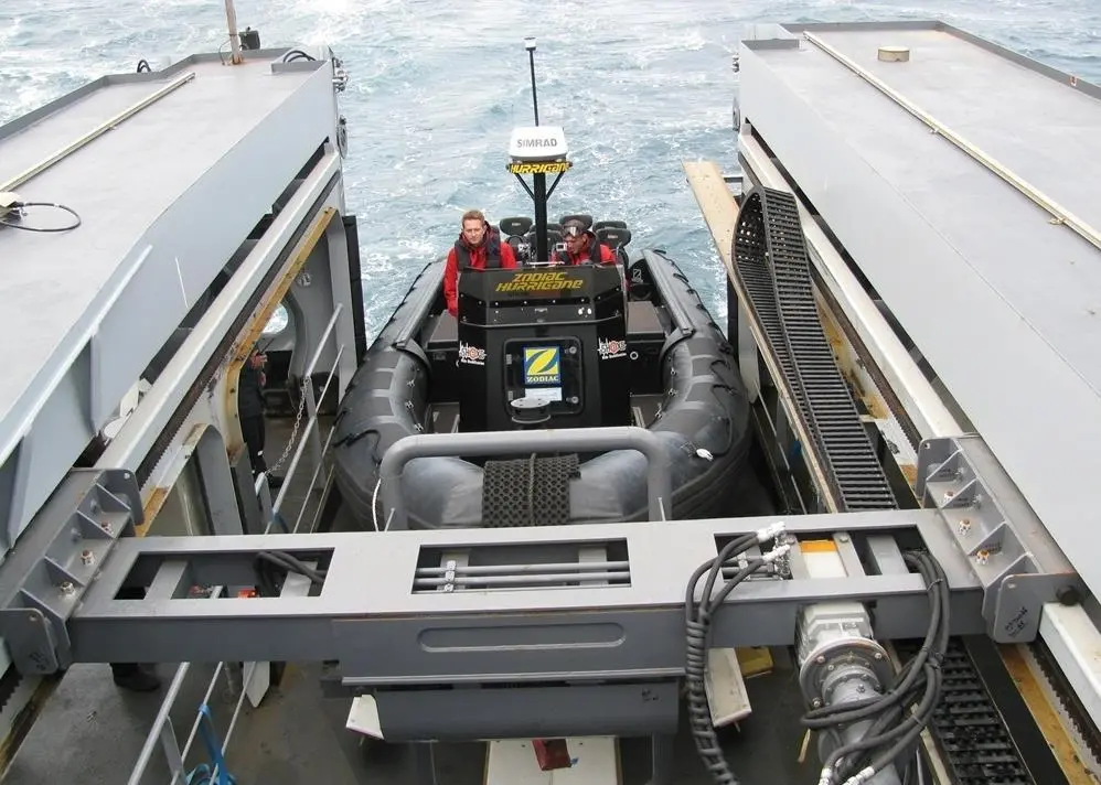 The Zodiac Hurricane  ZH935 Mach 2 RIB is deployed from a unique launching ramp in the L'Adroit’s stern
