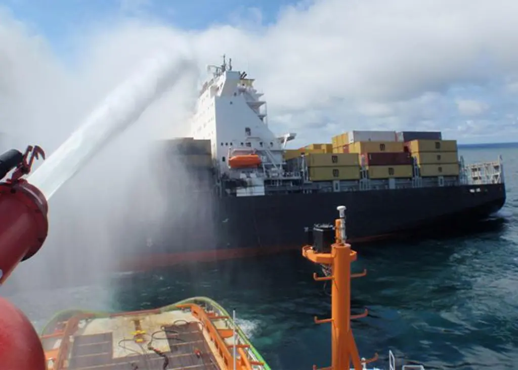 MSC Flaminia, seen from the Fairmount Expedition during fire fighting operations. (Photo courtesy Reederei NSB)