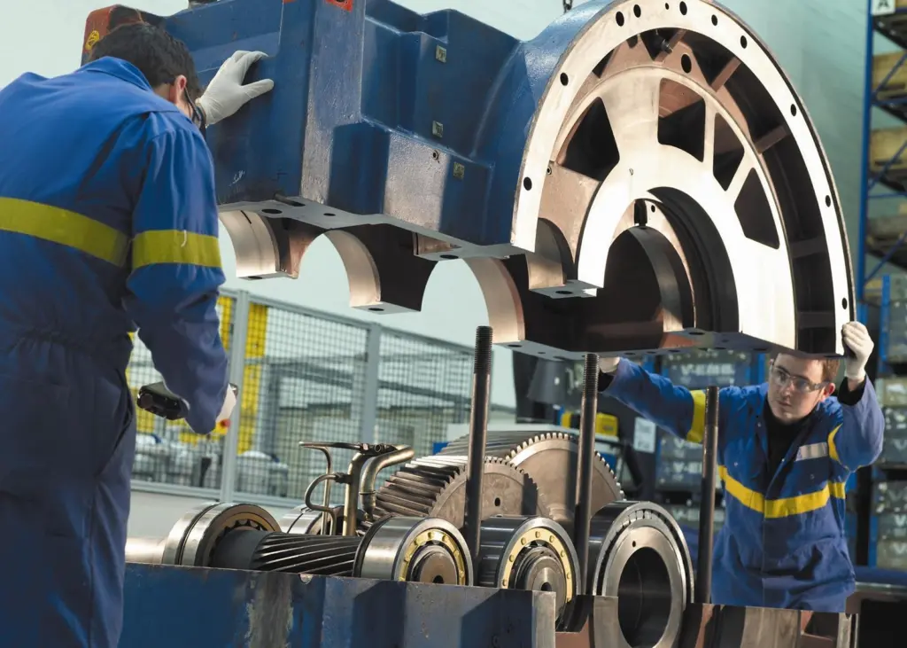 A wind turbine gearbox housing is re-assembled at ZF Services