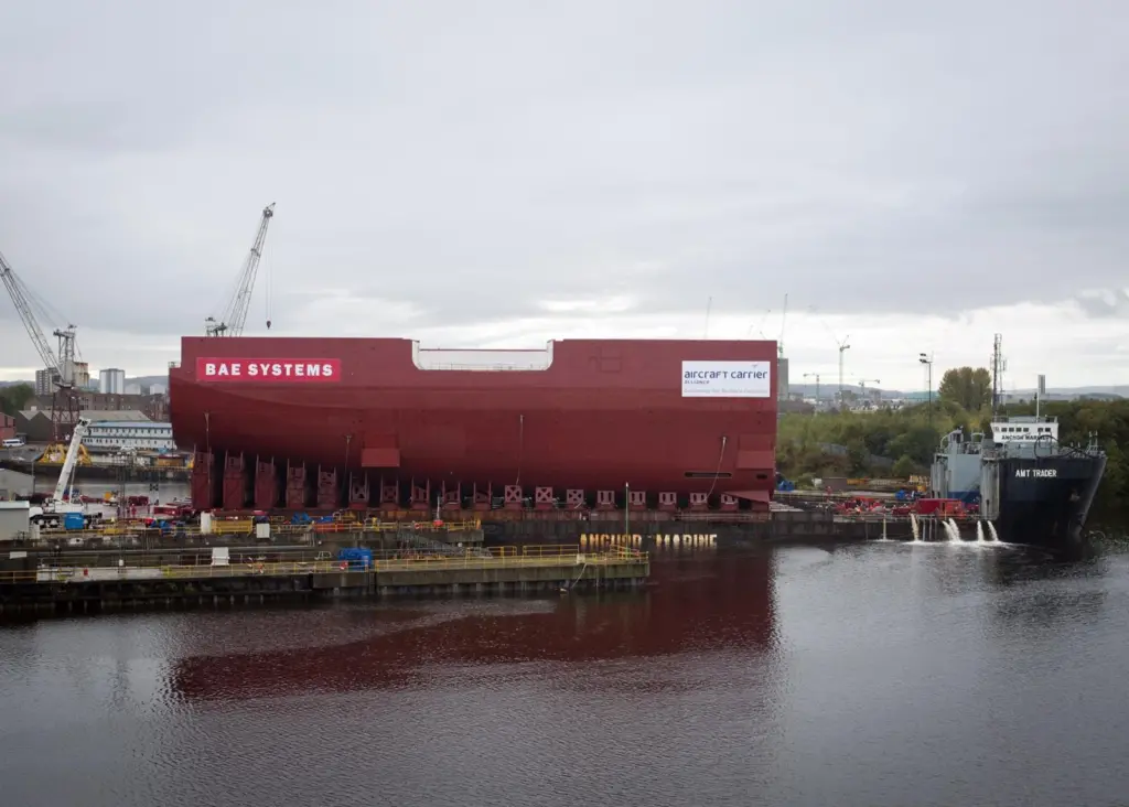 Lower Block 04, the biggest hull section of HMS Queen Elizabeth, is loaded onto the AMT Trader barge at BAE Systems' Govan yard on the Clyde