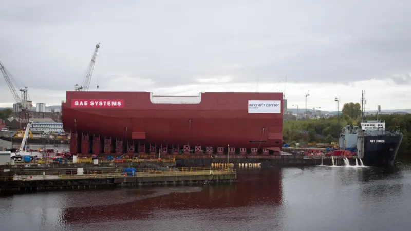 Lower Block 04, the biggest hull section of HMS Queen Elizabeth, is loaded onto the AMT Trader barge at BAE Systems' Govan yard on the Clyde