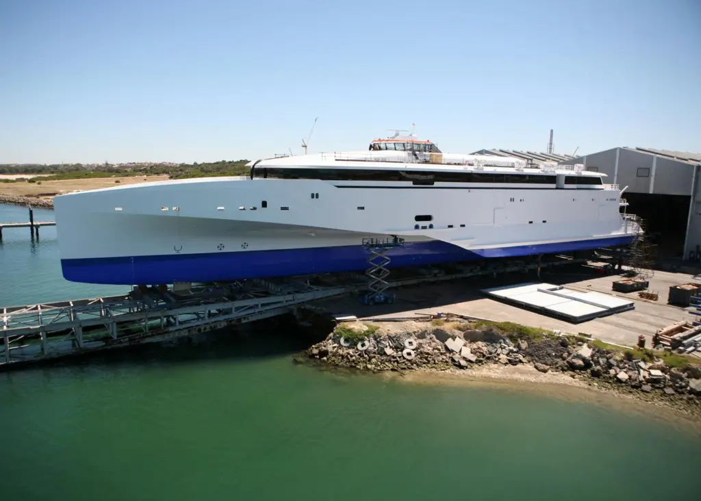 A next generation 102m Austal trimaran prepares for launch