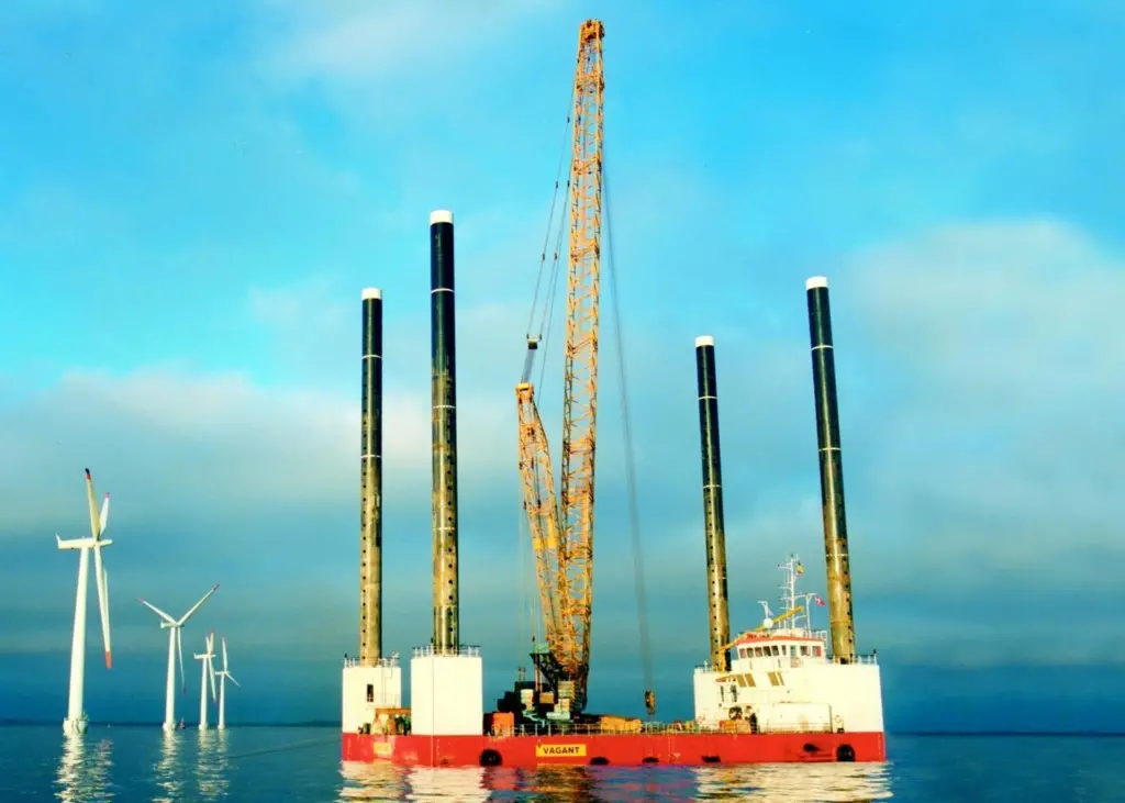 Works underway on the offshore windfarm at Samso, Denmark, which has been providing electricity since 2003.