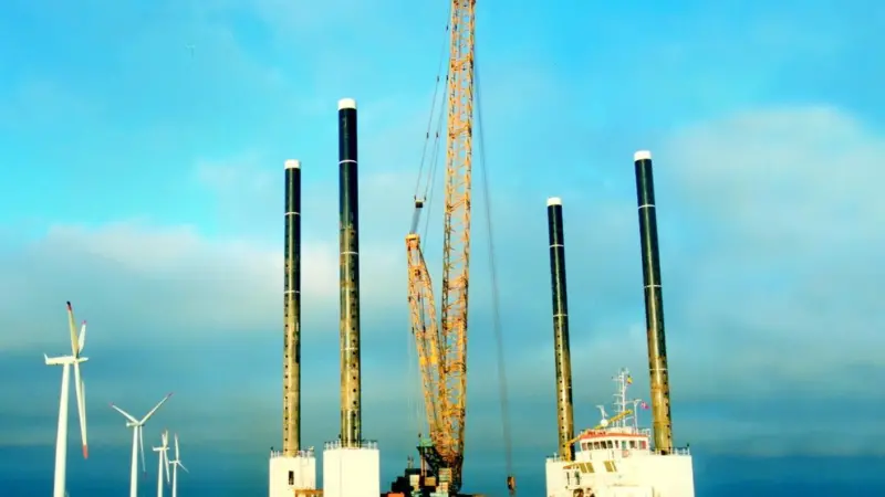 Works underway on the offshore windfarm at Samso, Denmark, which has been providing electricity since 2003.