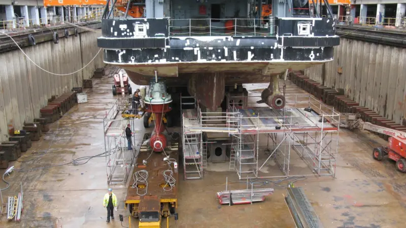 Works underway on the multi-purpose workboat Arkona at the Nobiskrug Shipyard