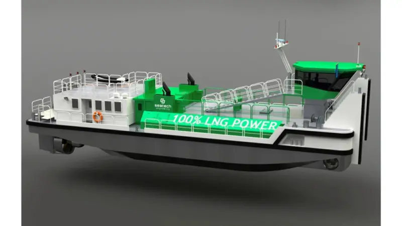The wheelhouse is located above the LNG tanks and can be raised and lowered hydraulically