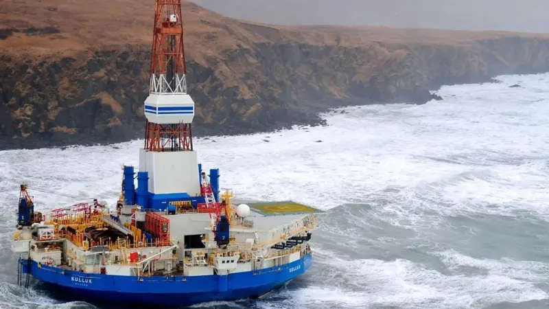 The Arctic exploration rig Kulluk was driven aground in heavy weather off Alaska. Photo courtesy US Coastguard