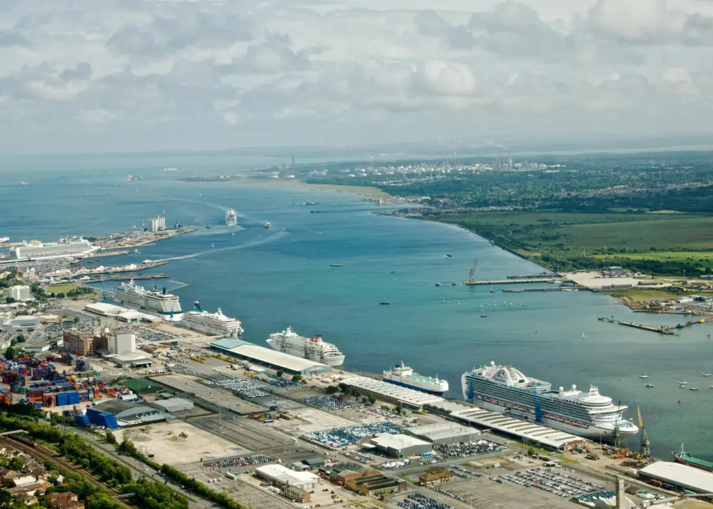 An aerial view of the Port of Southampton shows the approach channel