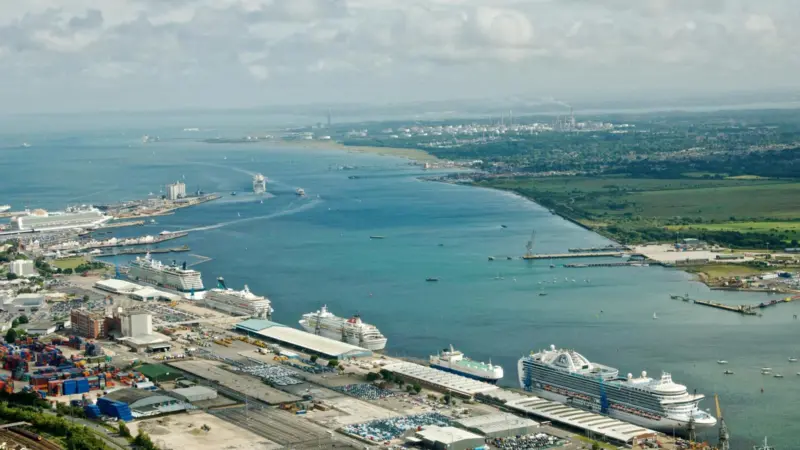 An aerial view of the Port of Southampton shows the approach channel