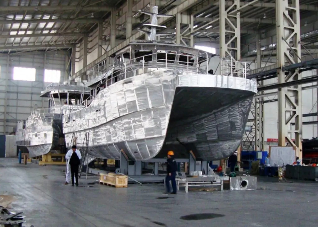 Norfolk Tern is seen under build at the Aurora Yachts yard in China