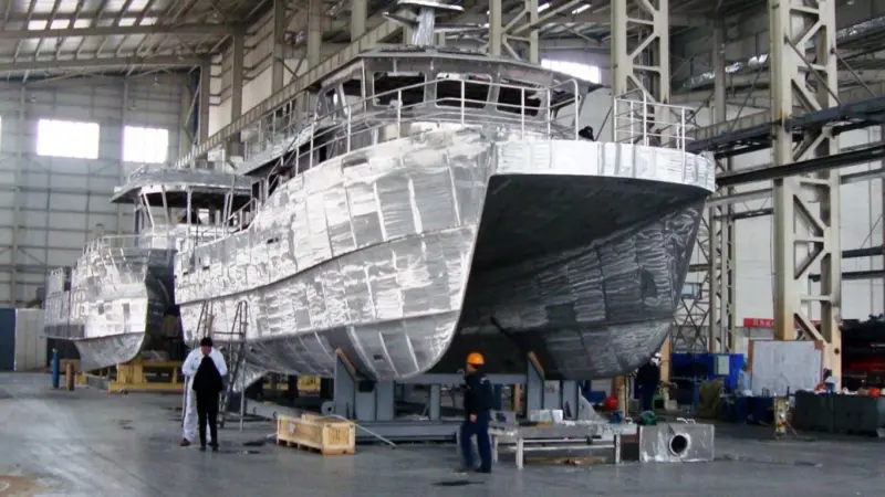 Norfolk Tern is seen under build at the Aurora Yachts yard in China