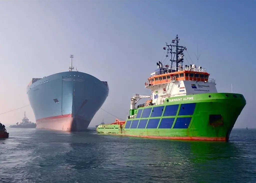 The giant container ship Emma Maerske was towed to Palermo by the Fairmount Alpine