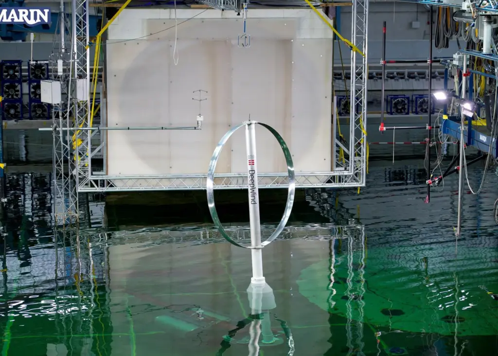 The DeepWind floating wind turbine scale model in front of MARIN’s dedicated wind set-up. Photo: DeepWind