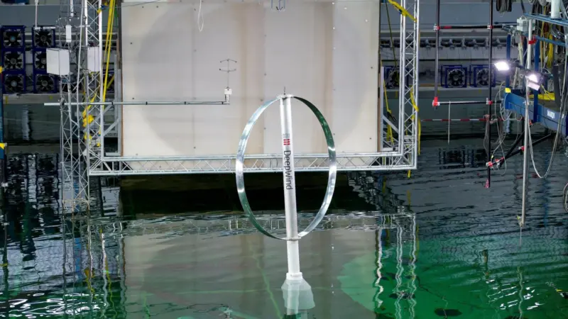 The DeepWind floating wind turbine scale model in front of MARIN’s dedicated wind set-up. Photo: DeepWind