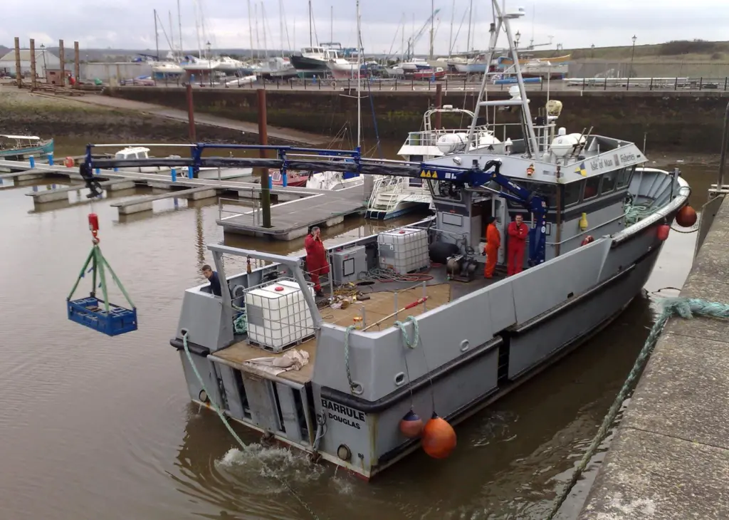 The versatile 5.98 T/M Amco Veba 806.M.4S marine crane has proved ideal on the Isle of Man Fishery Protection Vessel Barrule