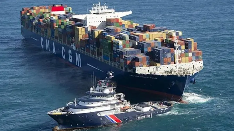 The French Government organised an towing exercise with the ETV Abeille Bourbon and the giant container ship CMA CGM Marco Polo