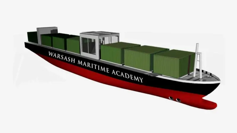 The scaled model ship has been based on a real 13,000 teu container ship