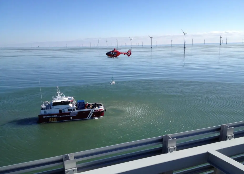 Specialist wake monitoring equipment being installed offshore at the Rødsand 2 windfarm in Denmark