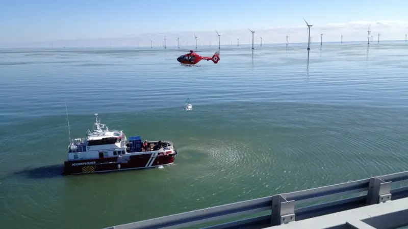 Specialist wake monitoring equipment being installed offshore at the Rødsand 2 windfarm in Denmark