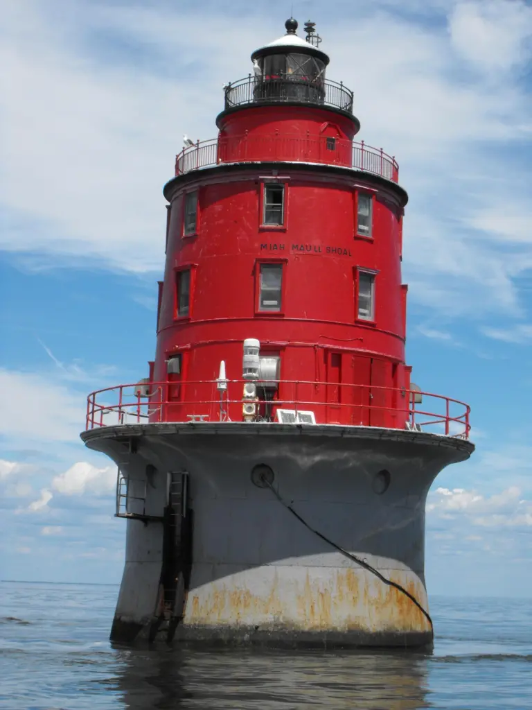 A racon is seen mounted on the Miah Maull Shoal Light off Delaware USA