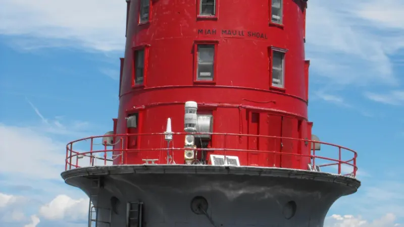 A racon is seen mounted on the Miah Maull Shoal Light off Delaware USA