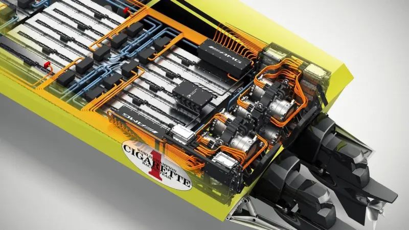 The weight of the motors is concentrated well aft and low down to maximise the high speed performance