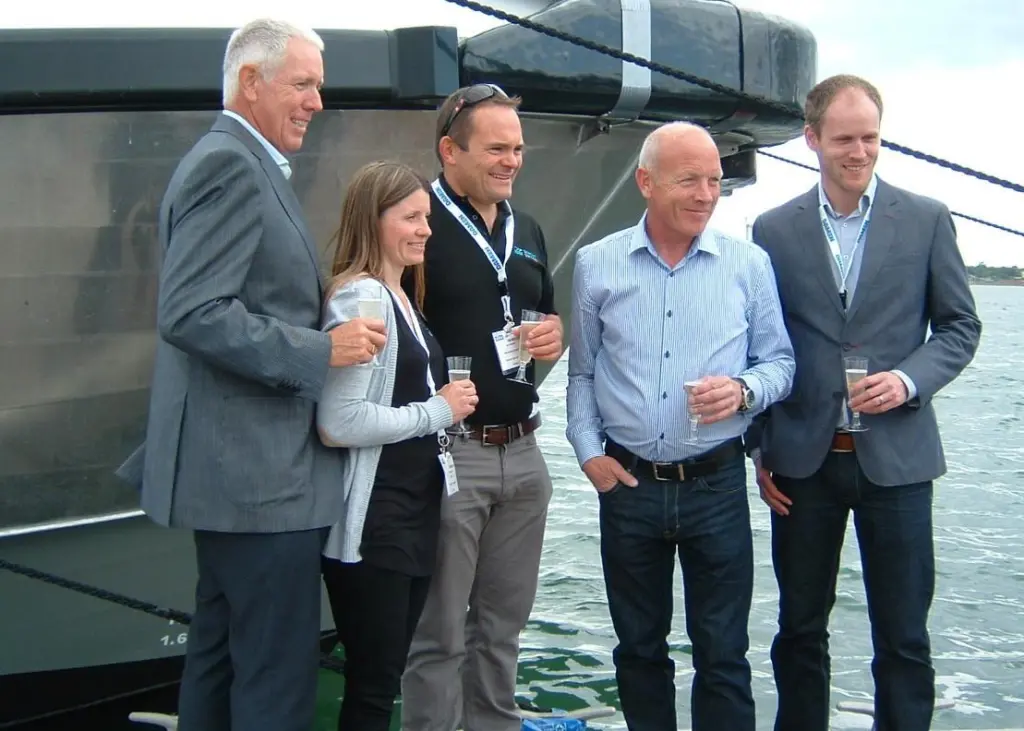 The vessel was launched by round the world yachtsman Mike Golding, pictured here with the Seacat Services team